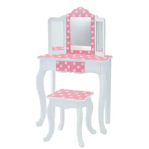 Teamson Kids Dressing Table, Play Vanity Set with Mirror & Stool - Pink/White/Polka Dots