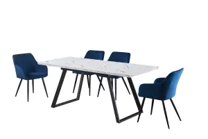 Camden Toga White LUX Dining Set with 4 Royal Blue Velvet Chairs