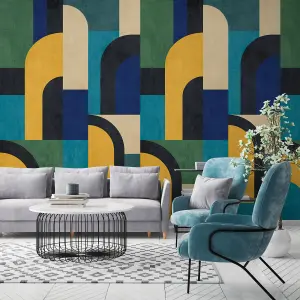 Grandeco Geo Modernist Shapes 3 Lane Repeatable Wallpaper Mural 159 x 280cm, Blue