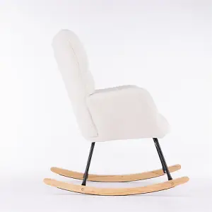 Mid Century Modern Teddy Fabric Tufted Upholstered Rocking Chair Padded Seat For Living Room Bedroom, Ivory White