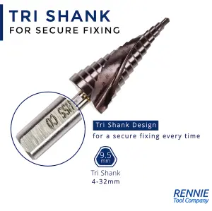 Rennie Tools 4-32mm HSS Cobalt Spiral Flute Step Cone Drill/Hole Cutter For Metal, Stainless Steel And Hard Metals. M35 8% Cobalt