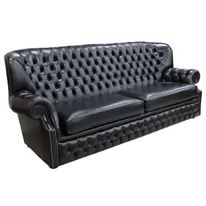 Chesterfield 4 Seater Old English Black Leather Sofa Bespoke In Monks Style