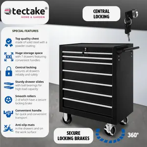 Tool Box - with wheels, 7 drawers, central locking system - black