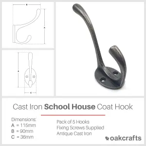 Oakcrafts - Traditional School House Antique Cast Iron Victorian Hat and Coat Hook - Pack of 5