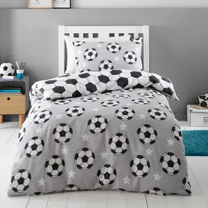 Catherine Lansfield Brushed Cotton Football Stars Reversible Duvet Cover Set with Pillowcase Grey