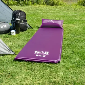 Single Pillow Camping Mat Self Inflating Inflatable Roll Mattress With Bag Purple Trail