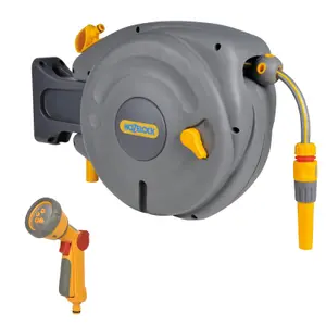 Hozelock 2485 10m Mini Hose Reel Automatic Retracting Auto Reel & 2679 Spray Gun