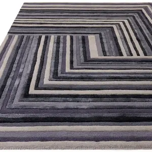 Indigo Striped Wool Handmade Luxurious Modern Abstract Optical/ (3D) Rug Easy to clean Living Room and Bedroom-120cm X 170cm