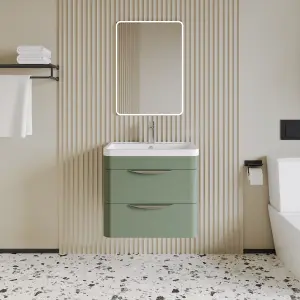 Wall Hung 2 Drawer Vanity Unit with Ceramic Basin - 600mm - Satin Green