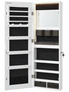 SONGMICS Wall Mounted Jewellery Cabinet Organizer With LED Lights, Storage Cupboard, Built-In Makeup Mirror, White