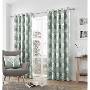 Woodland Trees Motif 100% Cotton Ready to Hang Eyelet Curtains