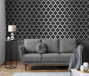 Charcoal Black Trellis Geometric Metallic Silver Grey Wallpaper Linen Effect