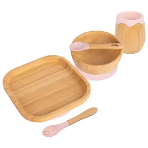 5pc Bamboo Square Baby Weaning Set - Pastel Pink