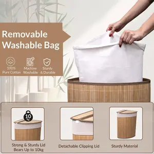 MantraRaj 58L Bamboo Laundry Basket Triangle Foldable Storage Hamper With Removable Washable Cover and Lid Laundry Bins (Brown)