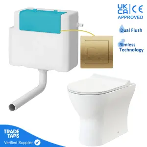 Rimless Back to Wall Toilet BTW Pan Soft Close WC Concealed Cistern Flush - Brushed Brass