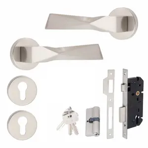 1 Set Aura Design Euro Lock Door Handle Set 70mm Barrell Key Satin Nickel Finish