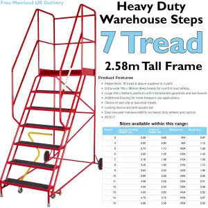 7 Tread HEAVY DUTY Mobile Warehouse Stairs Anti Slip Steps 2.58m Safety Ladder