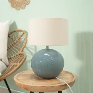 ValueLights Bosco Eucalyptus Ceramic Table Lamp with Natural Drum Shade - LED Bulb Included