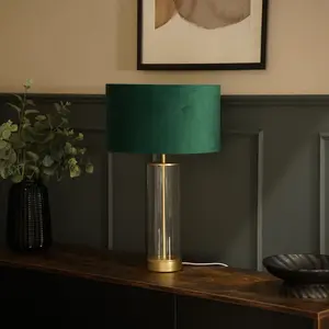 Simonetta Matt Gold and Clear Tube Table Lamp with Blush Velvet Reni Shade and 6W GLS Warm White Bulb Gold / Forest Green / No