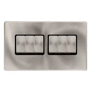 Brushed Steel Screwless Plate 10A 6 Gang 2 Way Ingot Light Switch - Black Trim - SE Home