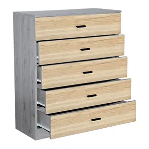 URBNLIVING Height 90.5cm 5 Drawer Wooden Bedroom Chest Cabinet Modern Ash Grey Carcass and Oak Drawers Wide Storage Cupboard