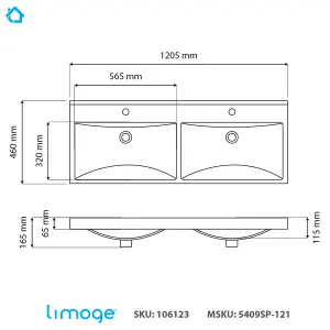 5409 Ceramic 120cm x 45cm Thick-Edge Double Inset Basin with Scoop Bowl