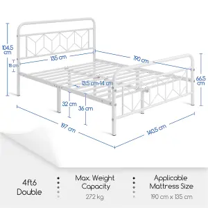 Yaheetech White 4ft6 Double Metal Bed Frame with Diamond Pattern Headboard and Footboard