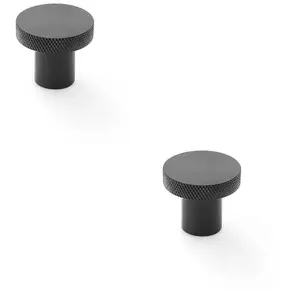 2 PACK - Knurled Round Radio Cupboard Door Knob - 30mm Diameter Matt Black Pull Handle