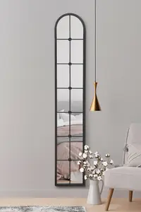 MirrorOutlet Slim Arcus Window - Black Framed Arched Leaner Wall Mirror 67" X 12" (170CM X 30CM)