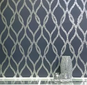 Arthouse Sequin Trellis Navy Silver Glitter Metallic Effect Wallpaper Modern Feature Wall Wallpaper - 921804