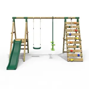 Rebo Wooden Swing Set with Deck and Slide plus Up and Over Climbing Wall - Obsidian Green