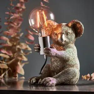 Vintage Silver Koala Table Light - Resin Figure - Chrome Plated Lamp Holder