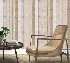 3D Effect Wood Panel Plank Wallpaper Distressed Cream Brown Beige A.S Creation