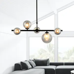 First Choice Lighting Set of 2 Cole Black with Smoke Glass 5 Light Bar Pendants