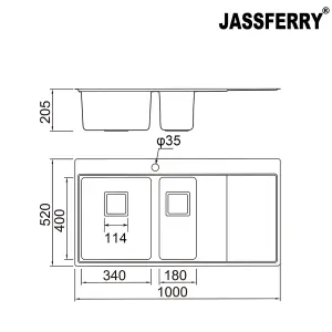 JASSFERRY Inset Kitchen Sink 1.2 mm Thickness Stainless Steel 1.5 Rectangle Bowl Righthand Drainer Square Strainer Plug