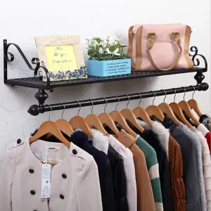 Black Metal Clothes Rail Wall Mounted Garment Hanging Rack with Display Storage Shelf W 700 mm