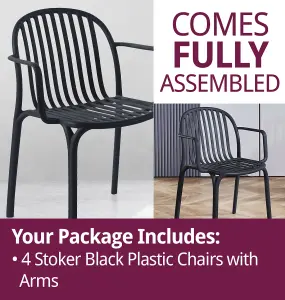 Hallowood Furniture Stoker Black Plastic Chairs with Arms x 4 for Garden/Patio