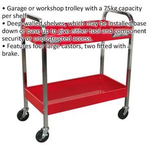 Heavy Duty 2 Level Workshop Trolley with 75kg Capacity and Four Locking Wheels