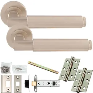 Door Handle & Latch Pack - Satin Nickel - Square Smooth Bar Lever On Round Rose