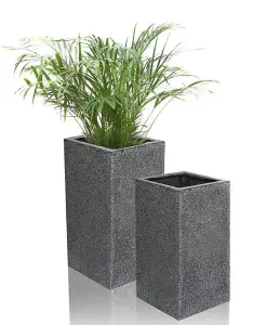 Primrose Black Poly Terrazzo Stone Tall Cube Outdoor Planter Set of 2  H60cm & H79cm