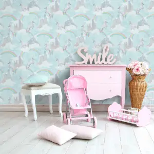 Holden Décor Teal Glitter effect Unicorn Smooth Wallpaper Sample