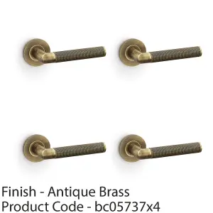 4 PACK - SOLID BRASS Knurled Door Handle Set - Antique Brass Mitred Lever on Round Rose