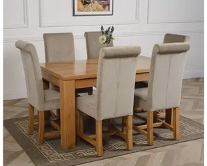 Dakota 152 x 87 cm Chunky Medium Oak Dining Table and 6 Chairs Dining Set with Washington Grey Fabric Chairs