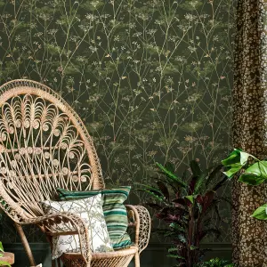 Clarissa Hulse Wild Chervil Sage & Gold effect Smooth Wallpaper