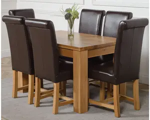 Dakota 127 x 82 cm Chunky Oak Small Dining Table and 6 Chairs Dining Set with Washington Brown Leather Chairs