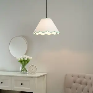 ValueLights Florie Large Easy Fit Natural Linen Tapered Light Shade with Green Scallop Trim - LED Bulb Included