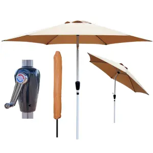 GlamHaus Tilting Garden Parasol Table Umbrella 2.7M with Crank Handle, UV40 Protection, Includes Protection Cover - Sand