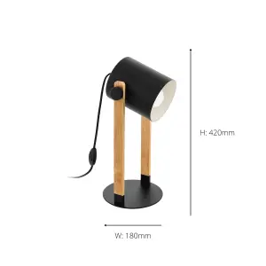 EGLO Hornwood Black/Natural Metal & Wood Desk Lamp - Adjustable Shade, In-Line Switch (D) 21cm