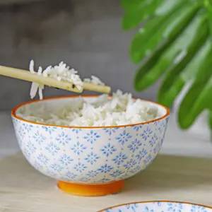 Nicola Spring Hand-Printed Rice Bowl - Japanese Style Porcelain Ramen Dessert Crockery - 12cm - Blue