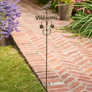 Vintage Standing Welcome Garden Stake with Bird Garden Ornament